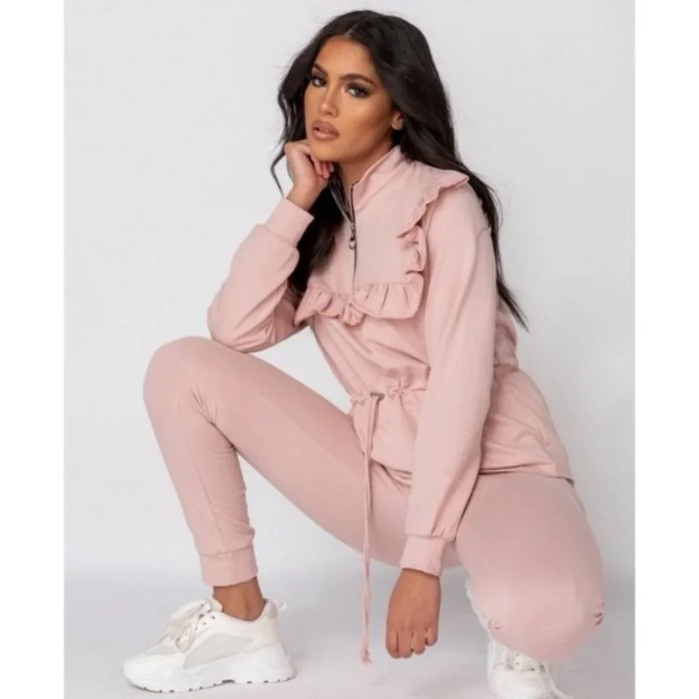 Pink Long Sleeve High Neck Frill Detail Top and Jogger Pants Two Piece Set - Picture 10 of 11